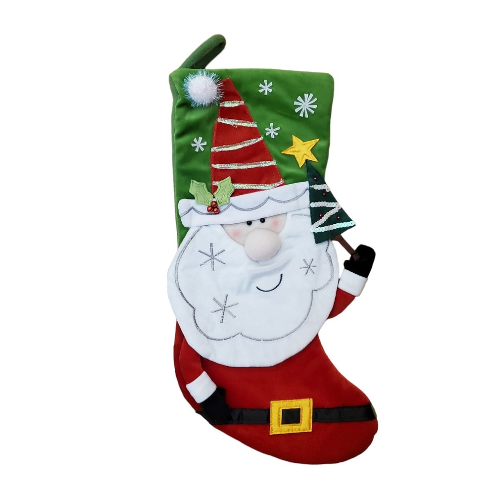 Santa Claus 3D Sequin Embroidered Christmas Stocking‎ NWOT